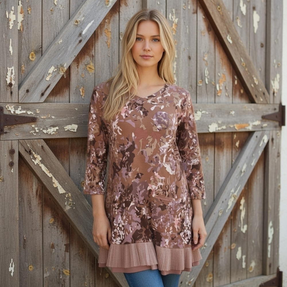 Mauve And Lavender Camo Top With Tulle Ruffle Trim